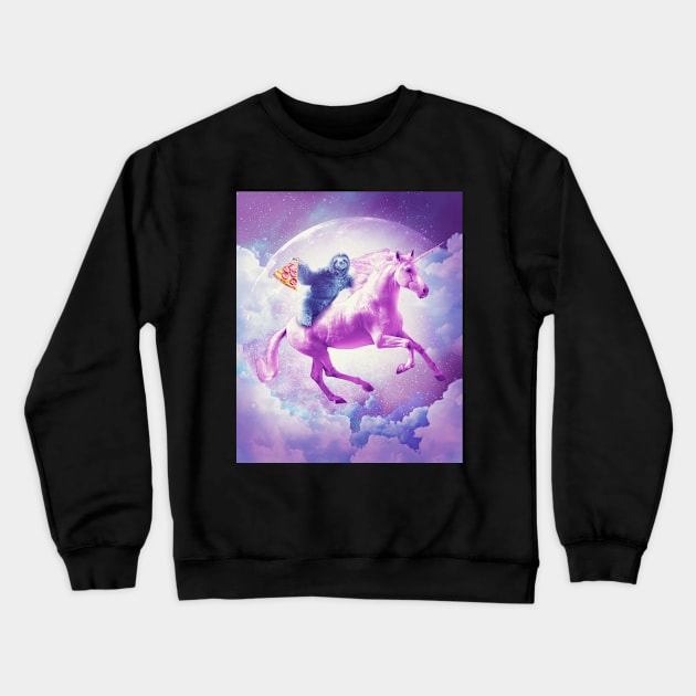 Space Sloth Riding On Flying Unicorn With Pizza Crewneck Sweatshirt by Random Galaxy